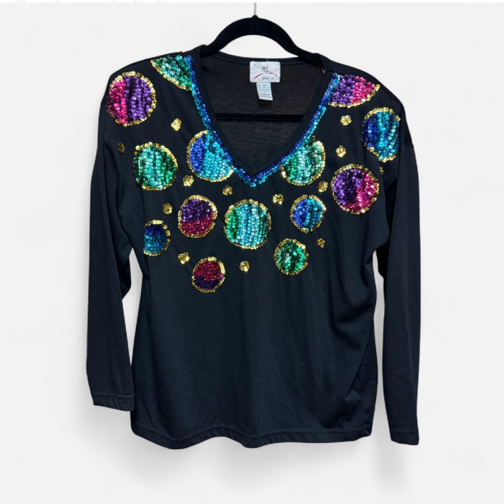 Vintage SML Sport LTD. Black Sequin Circles Long Sleeve V-Neck Shirt